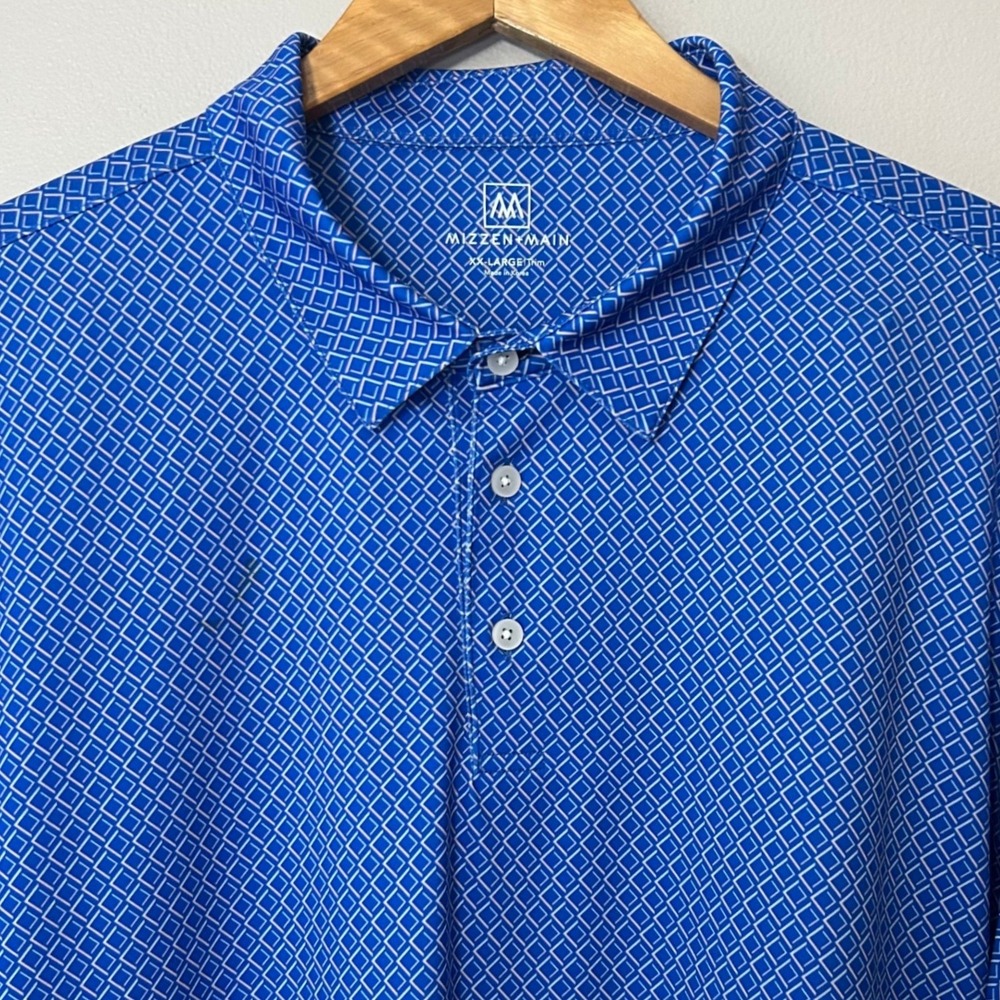 Mizzen+Main Polo Shirt Mens XXL Blue Diamond Geometric Trim Fit Performance Golf